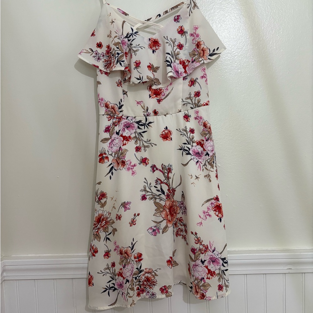 Trixxi Floral Ruffle Midi Dress - Cream and Red